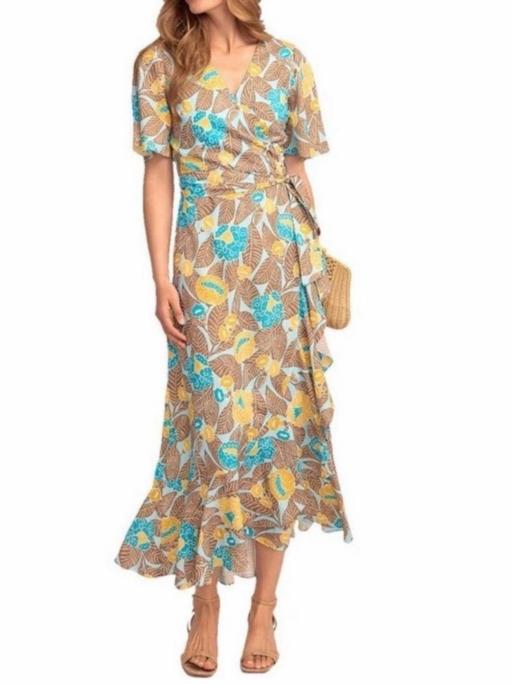 J. McLaughlin Wrap Dress in Blue and Mustard Floral - Picture 4 of 4
